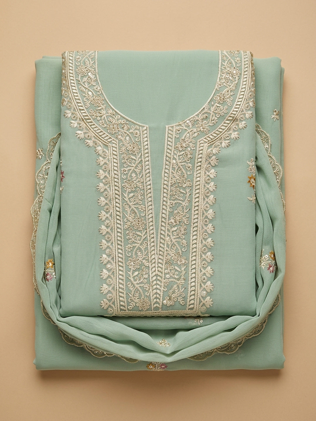 Aqua  Chanderi Unstitched Dress Material