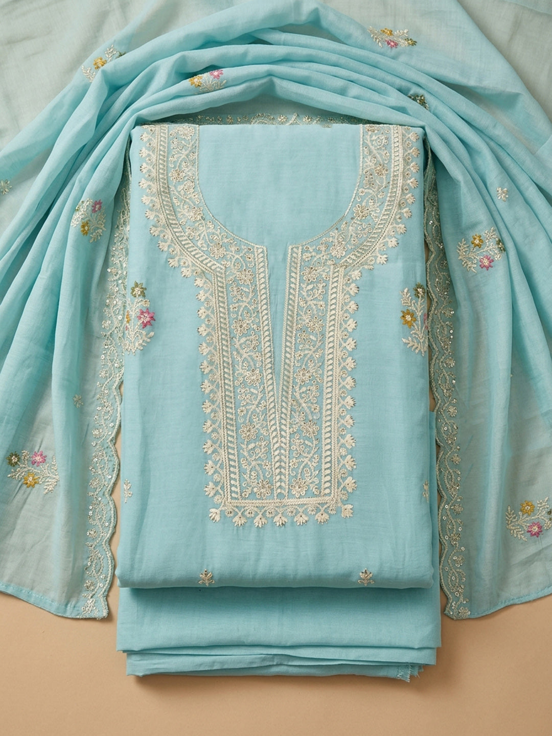 Sky Blue  Chanderi Unstitched Dress Material