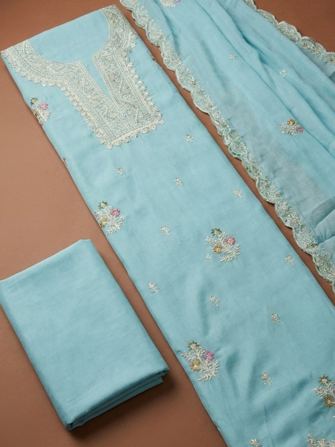 Sky Blue  Chanderi Unstitched Dress Material