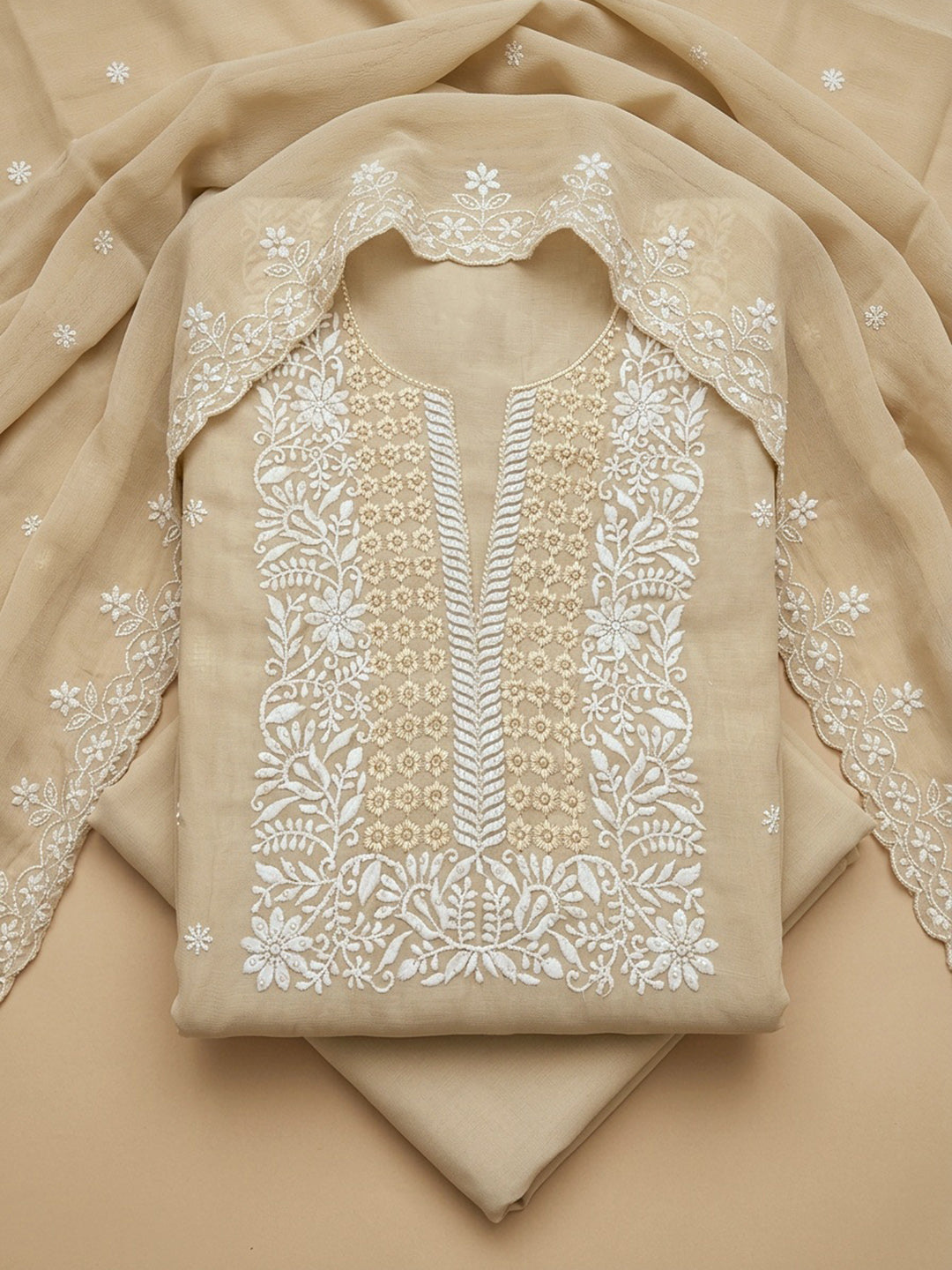 Beige  Chanderi Unstitched Dress Material