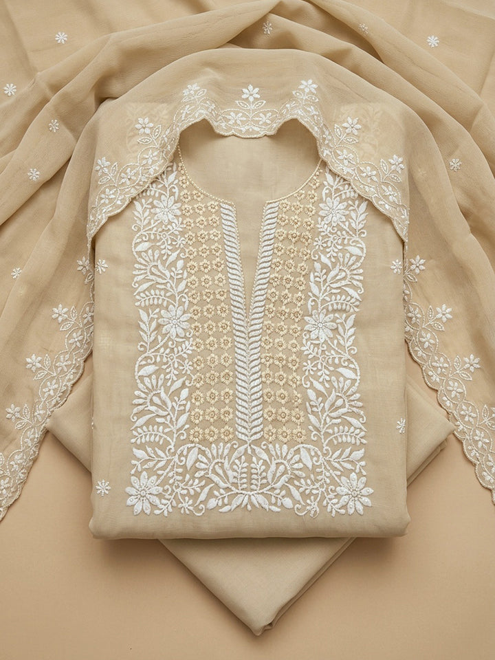 Beige  Chanderi Unstitched Dress Material