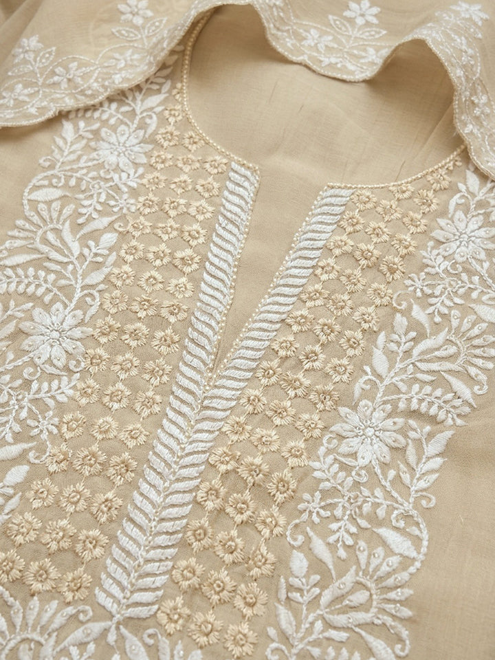 Beige  Chanderi Unstitched Dress Material