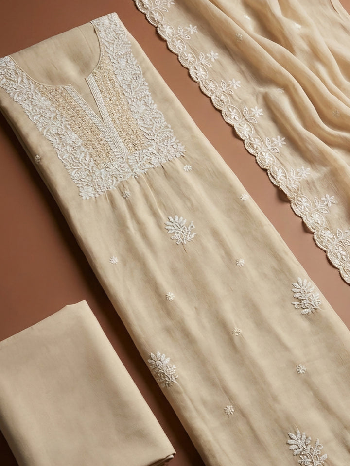 Beige  Chanderi Unstitched Dress Material