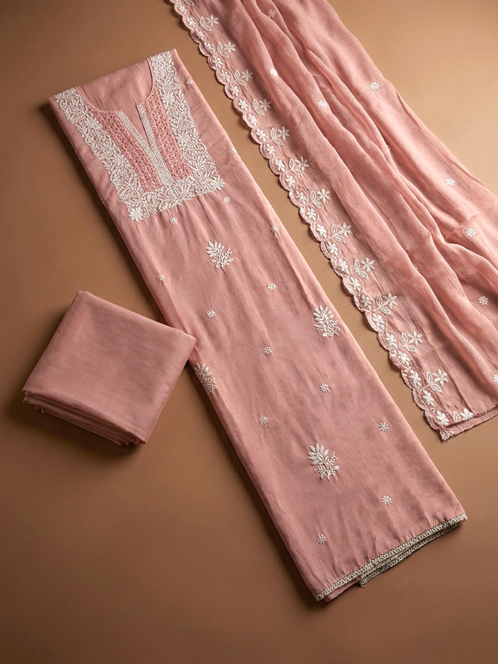 Peach  Chanderi Unstitched Dress Material