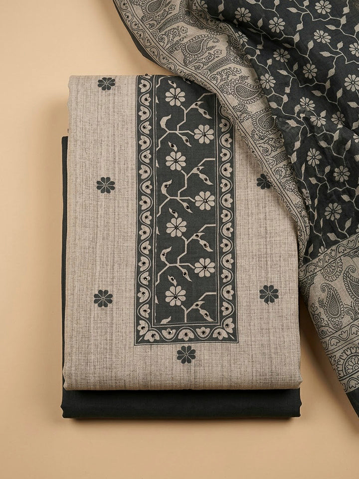 Off White Linen Blend Printed Unstitched Dress Material