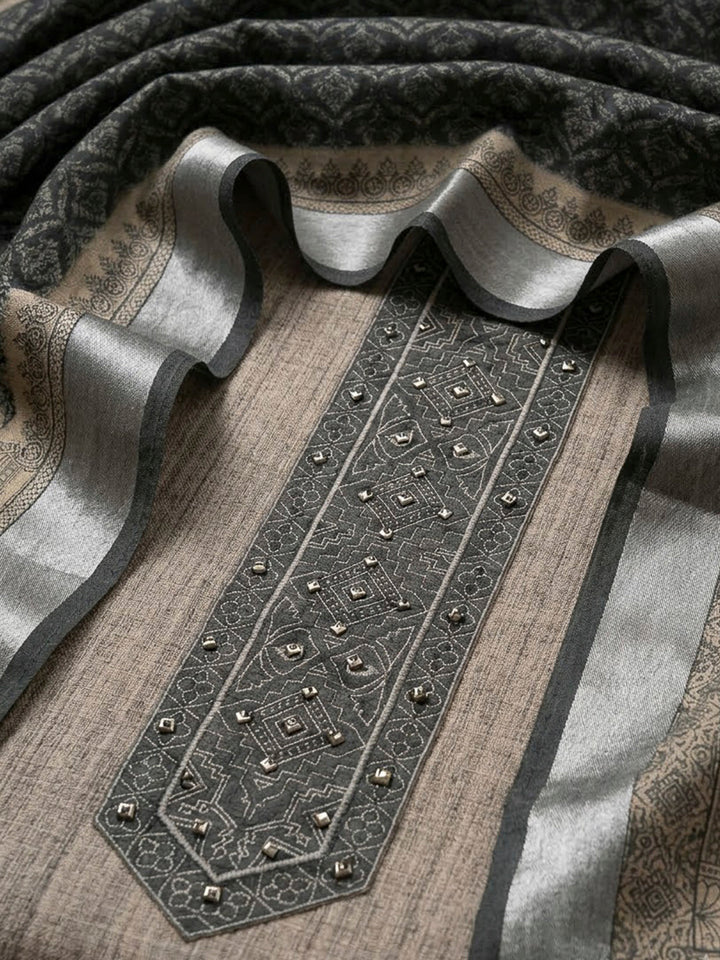 Off White Linen Blend Printed Unstitched Dress Material