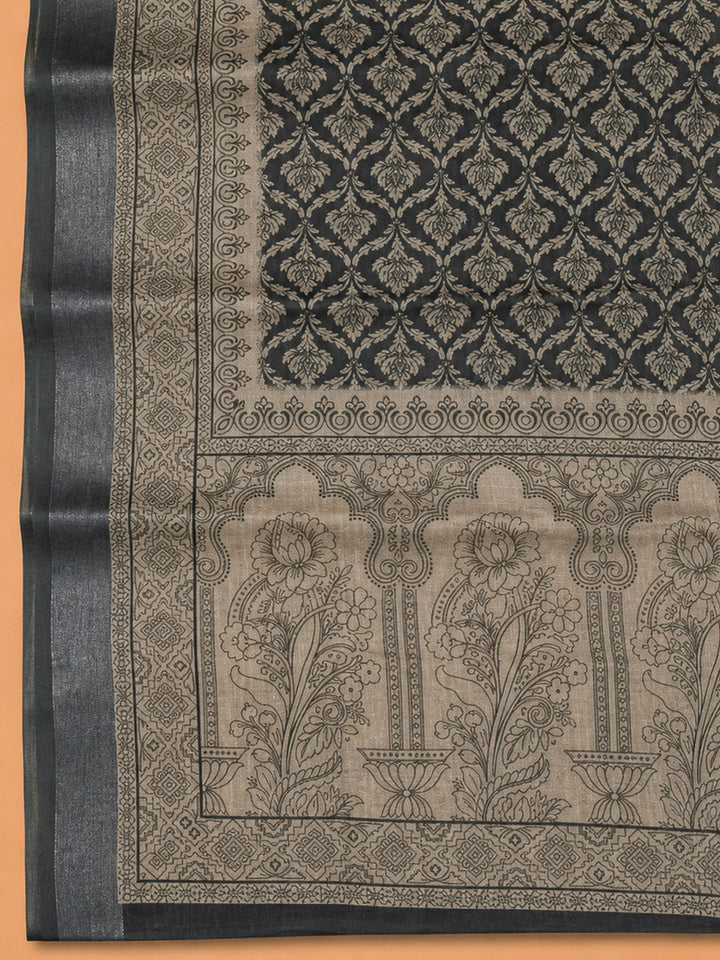 Off White Linen Blend Printed Unstitched Dress Material