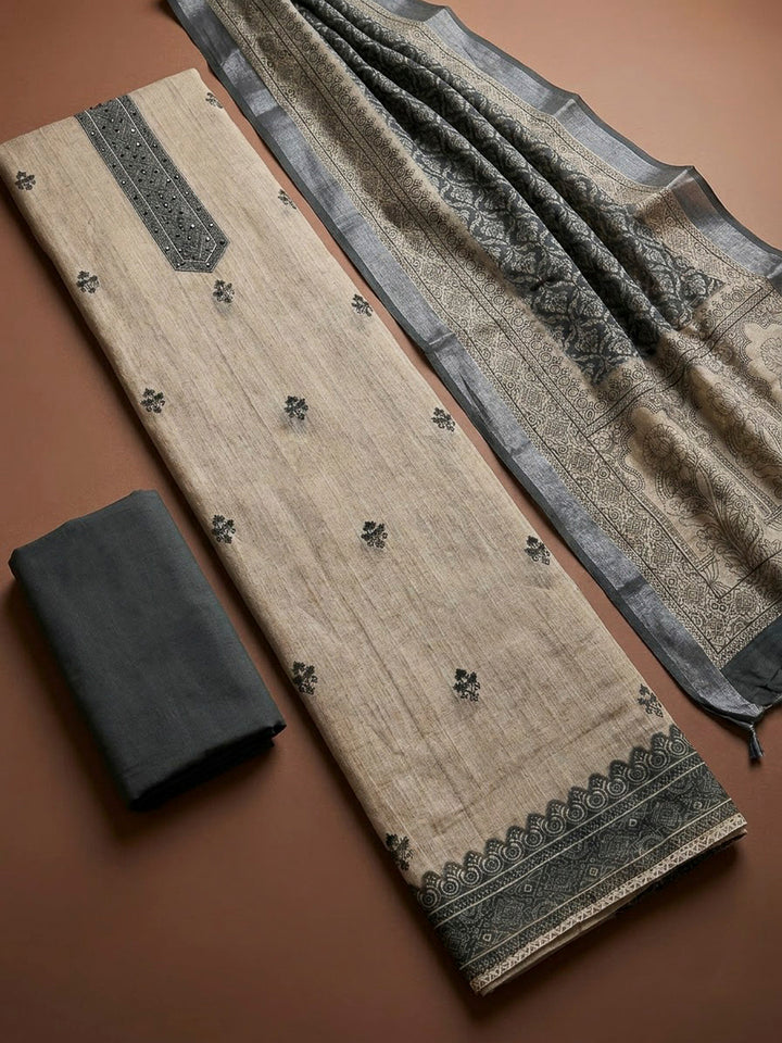 Off White Linen Blend Printed Unstitched Dress Material