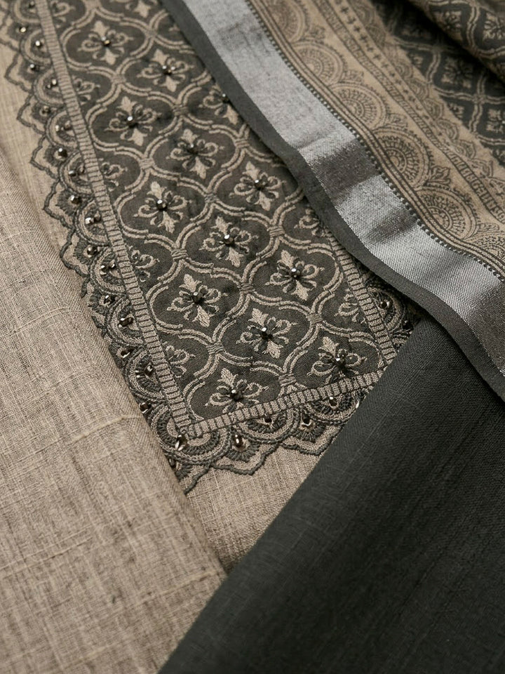 Off White Linen Blend Printed Unstitched Dress Material