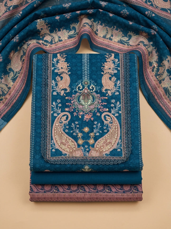 Blue  Chanderi Unstitched Dress Material