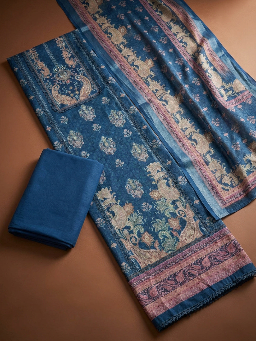 Blue  Chanderi Unstitched Dress Material
