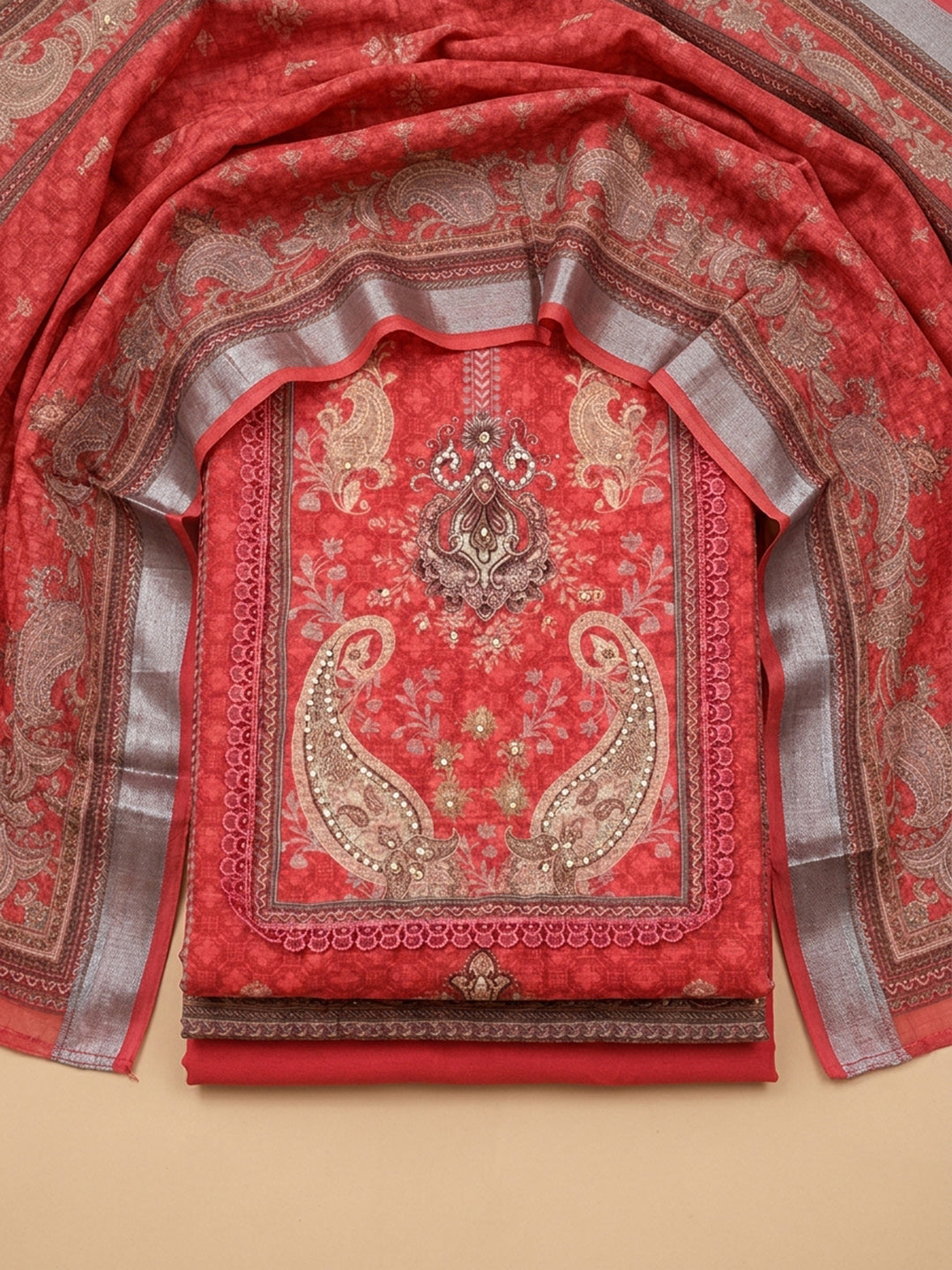 Hot Pink  Chanderi Unstitched Dress Material