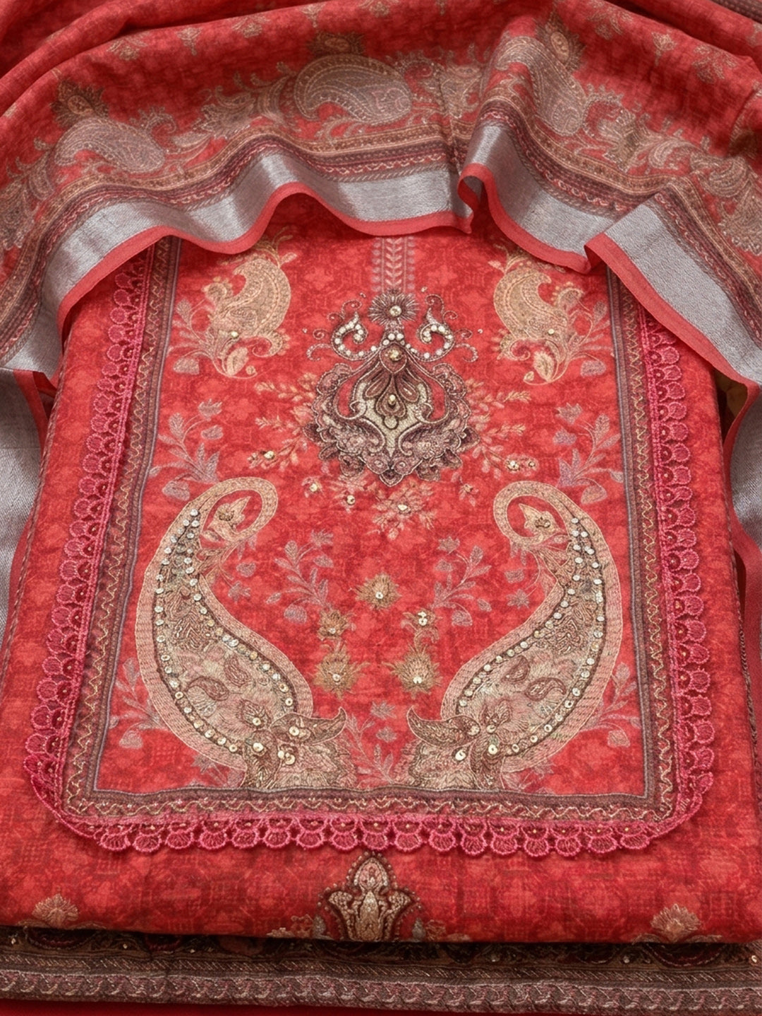 Hot Pink  Chanderi Unstitched Dress Material