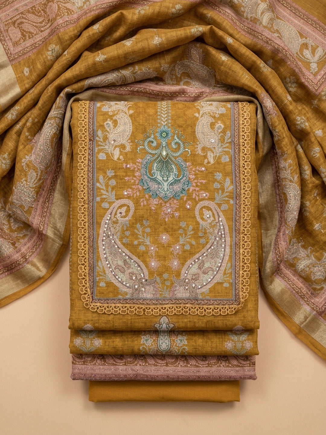 Rust  Chanderi Unstitched Dress Material