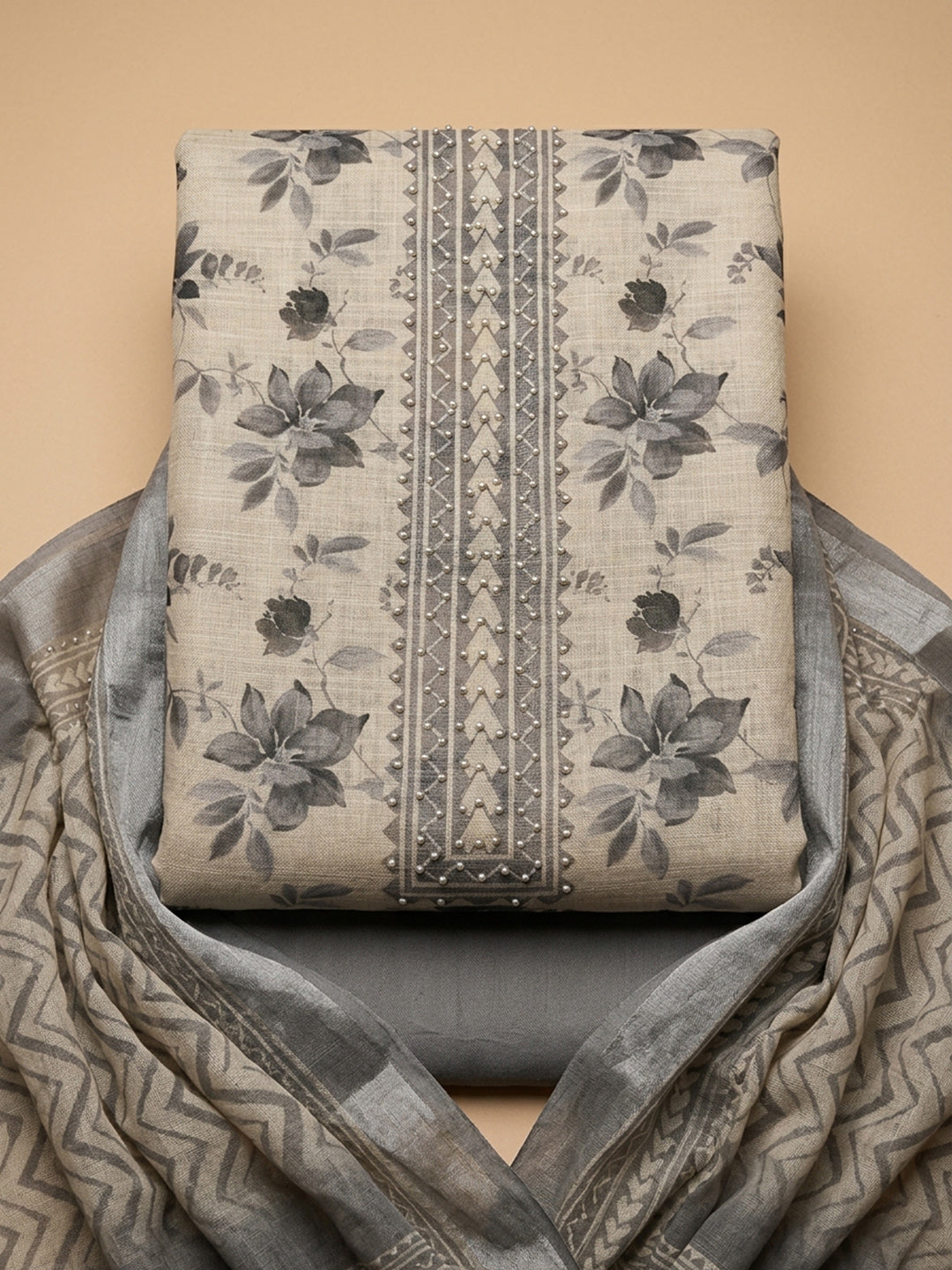 Grey  Chanderi Unstitched Dress Material