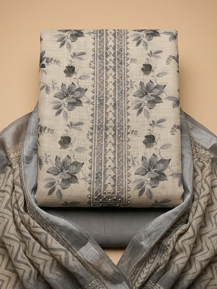 Grey  Chanderi Unstitched Dress Material