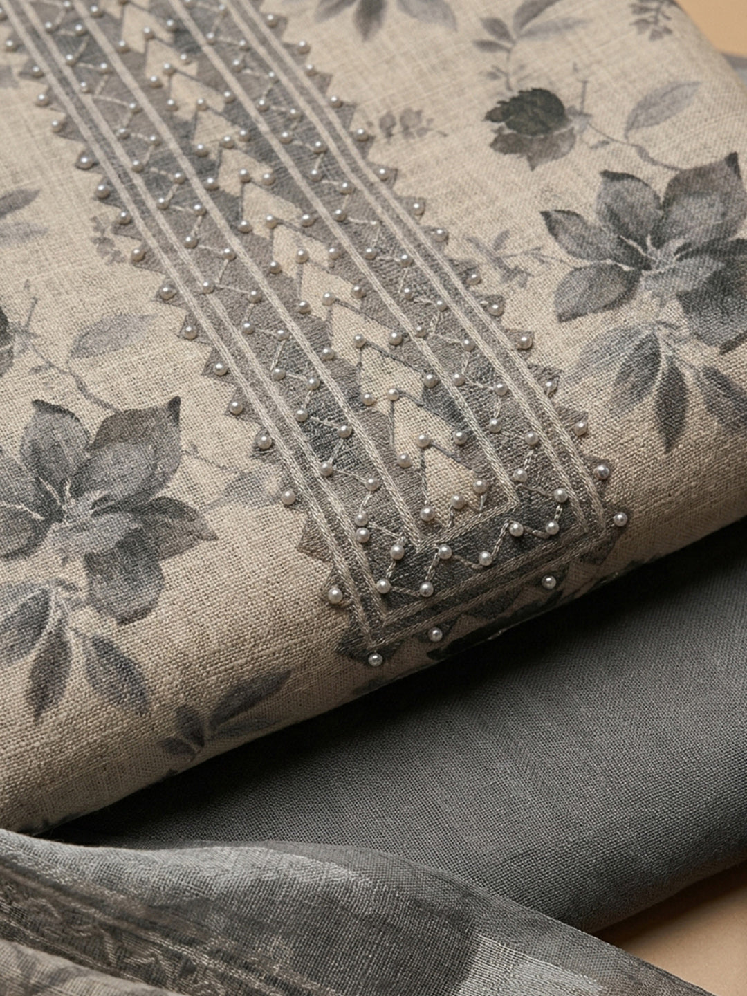 Grey  Chanderi Unstitched Dress Material