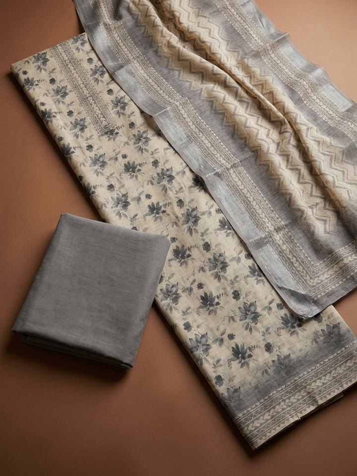 Grey  Chanderi Unstitched Dress Material