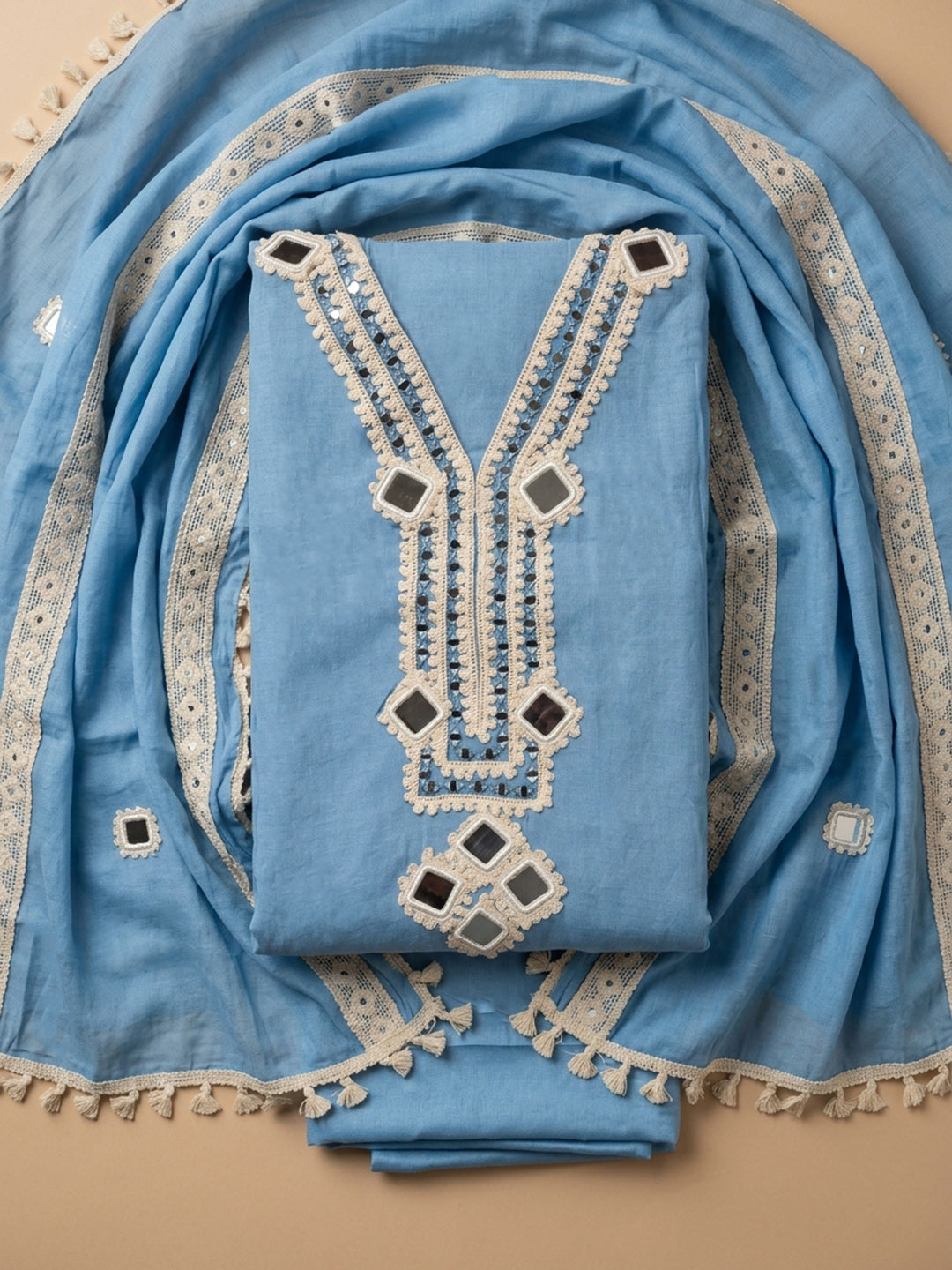 Blue Lt Embroidery Chanderi Unstitched Dress Material