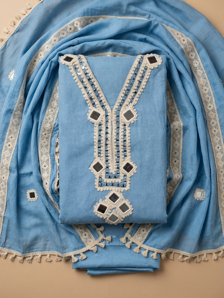 Blue Lt Embroidery Chanderi Unstitched Dress Material