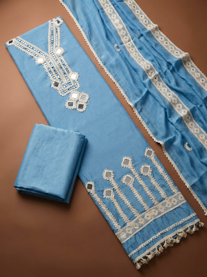 Blue Lt Embroidery Chanderi Unstitched Dress Material