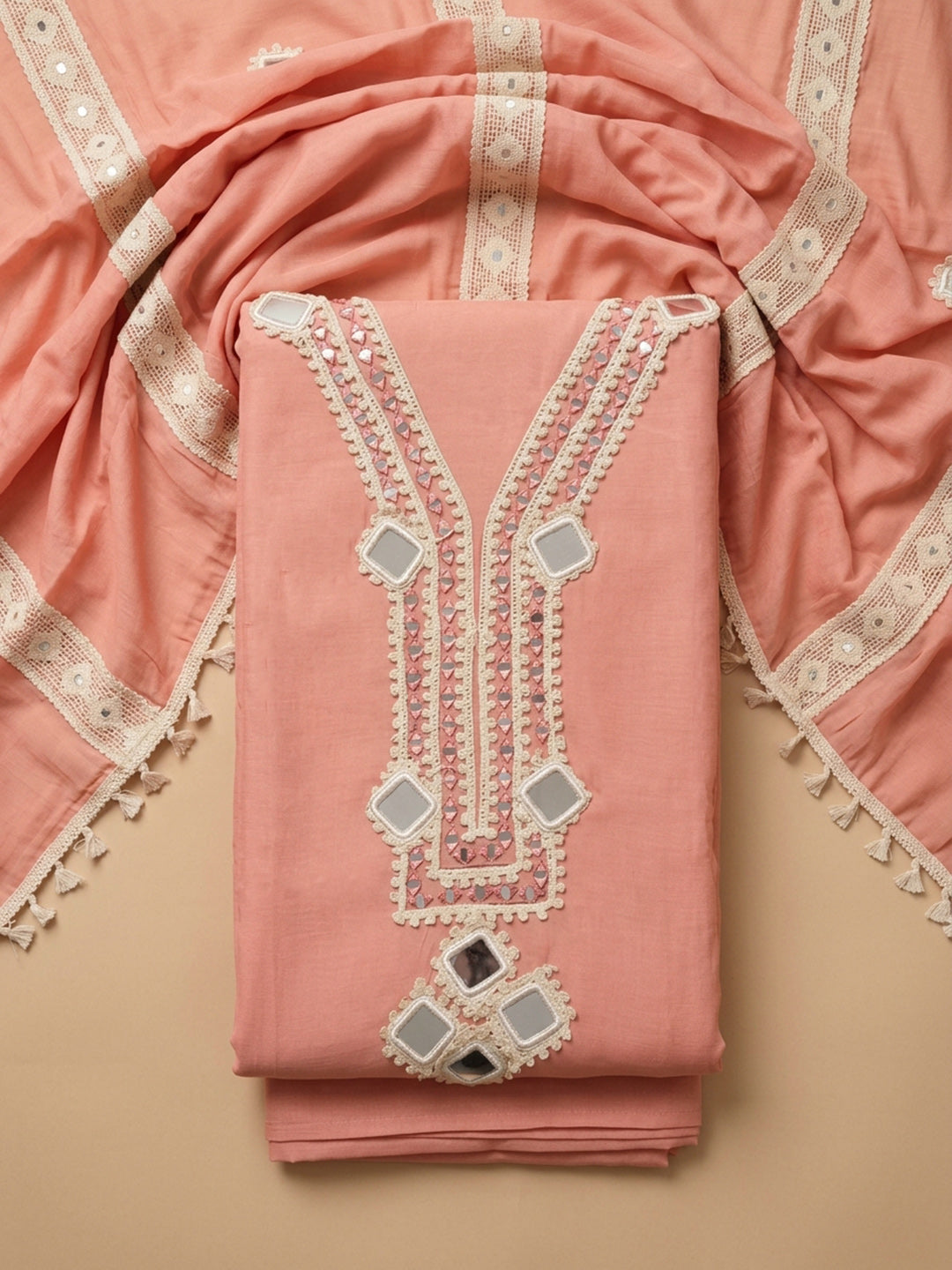 Peach Embroidery Chanderi Unstitched Dress Material