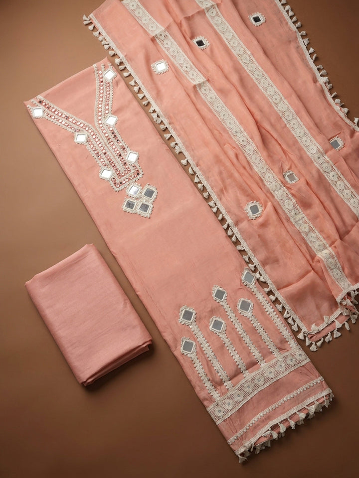 Peach Embroidery Chanderi Unstitched Dress Material