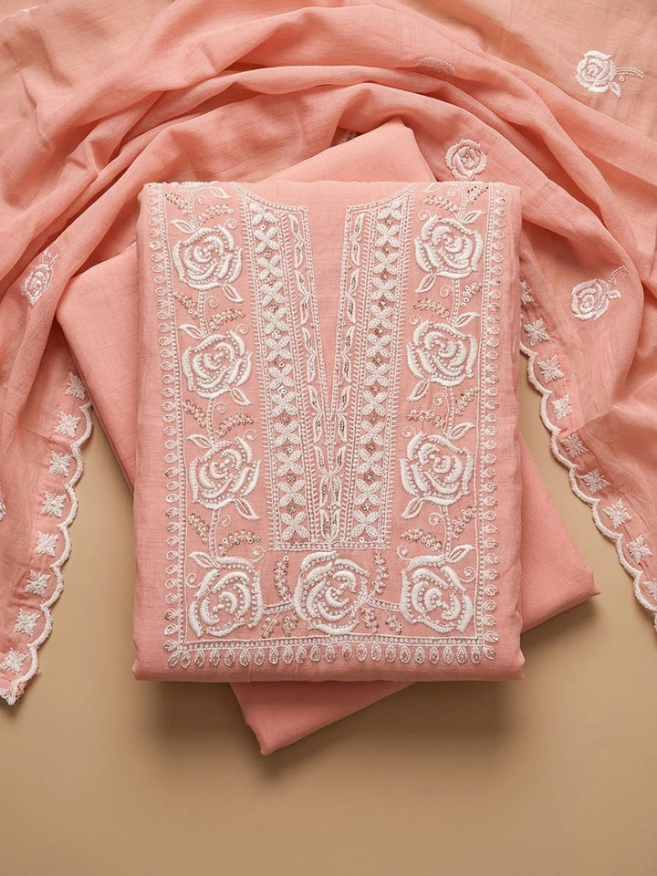 Peach Chanderi Embroidered Unstitched Dress Material