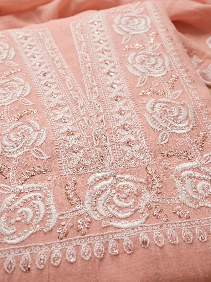 Peach Chanderi Embroidered Unstitched Dress Material