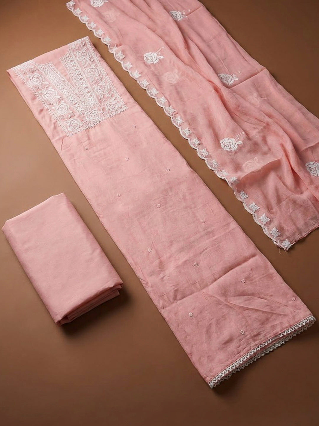 Peach Chanderi Embroidered Unstitched Dress Material