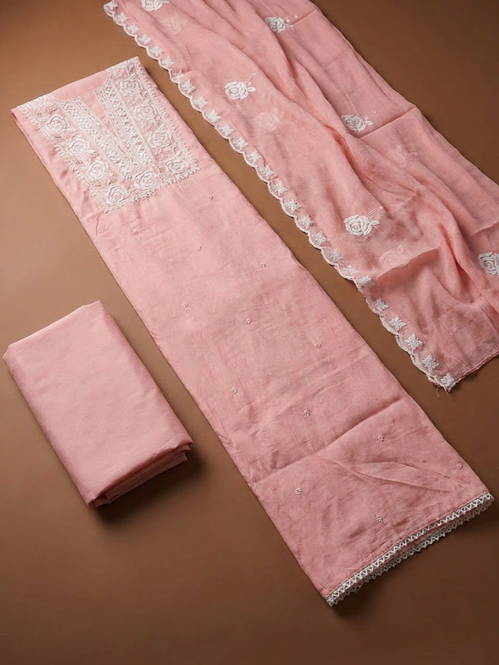 Peach Chanderi Embroidered Unstitched Dress Material
