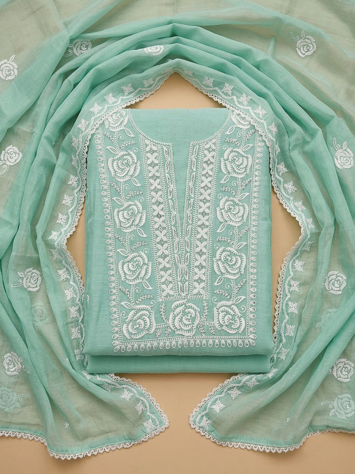 Sea Green Chanderi Embroidered Unstitched Dress Material