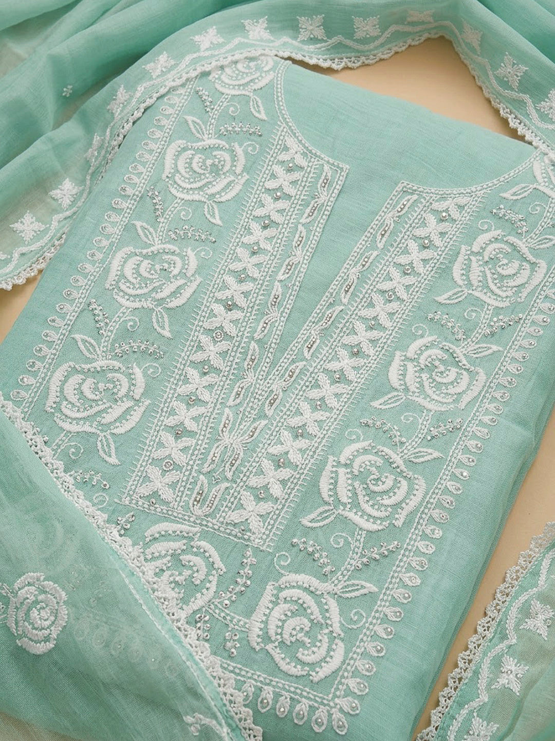 Sea Green Chanderi Embroidered Unstitched Dress Material