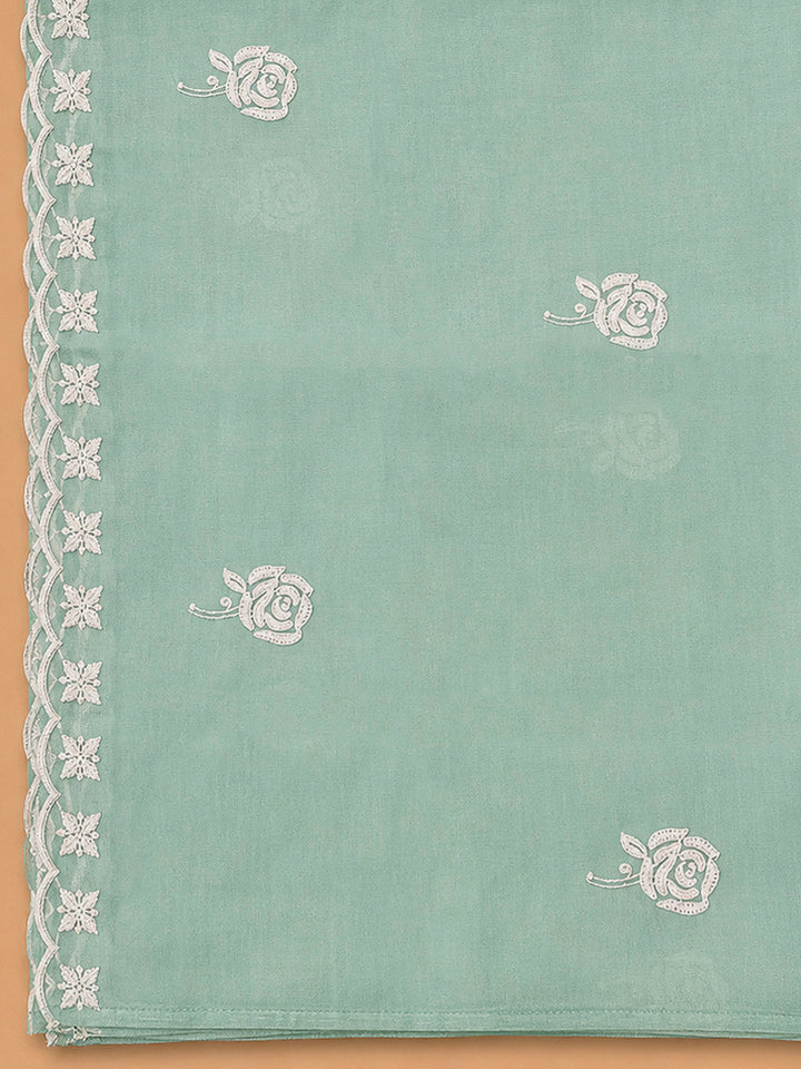 Sea Green Chanderi Embroidered Unstitched Dress Material