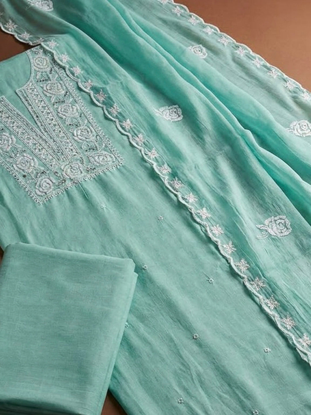 Sea Green Chanderi Embroidered Unstitched Dress Material