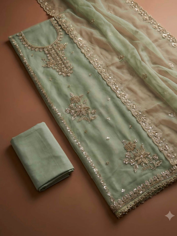 Aqua Organza Embroidered Unstitched Dress Material