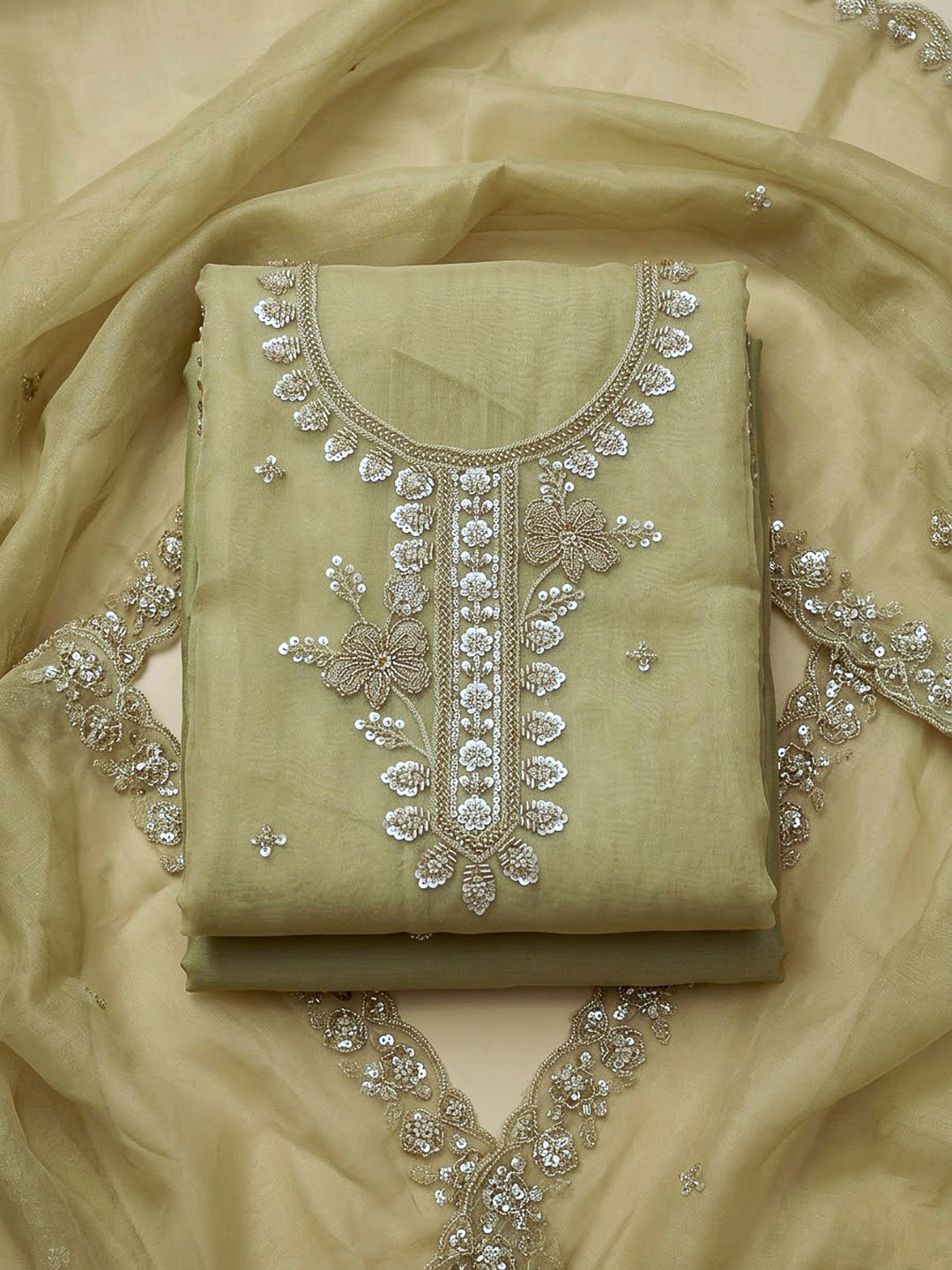 Lemon Organza Embroidered Unstitched Dress Material