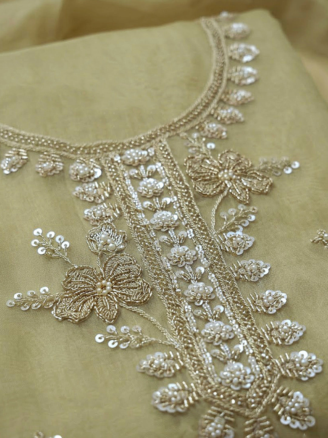 Lemon Organza Embroidered Unstitched Dress Material