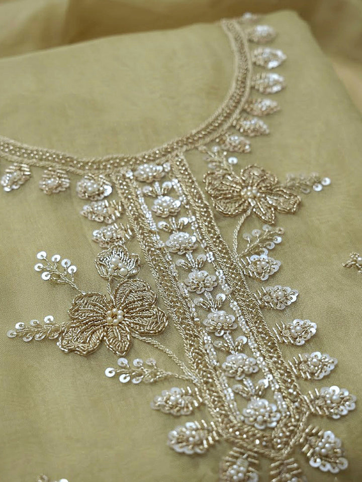 Lemon Organza Embroidered Unstitched Dress Material