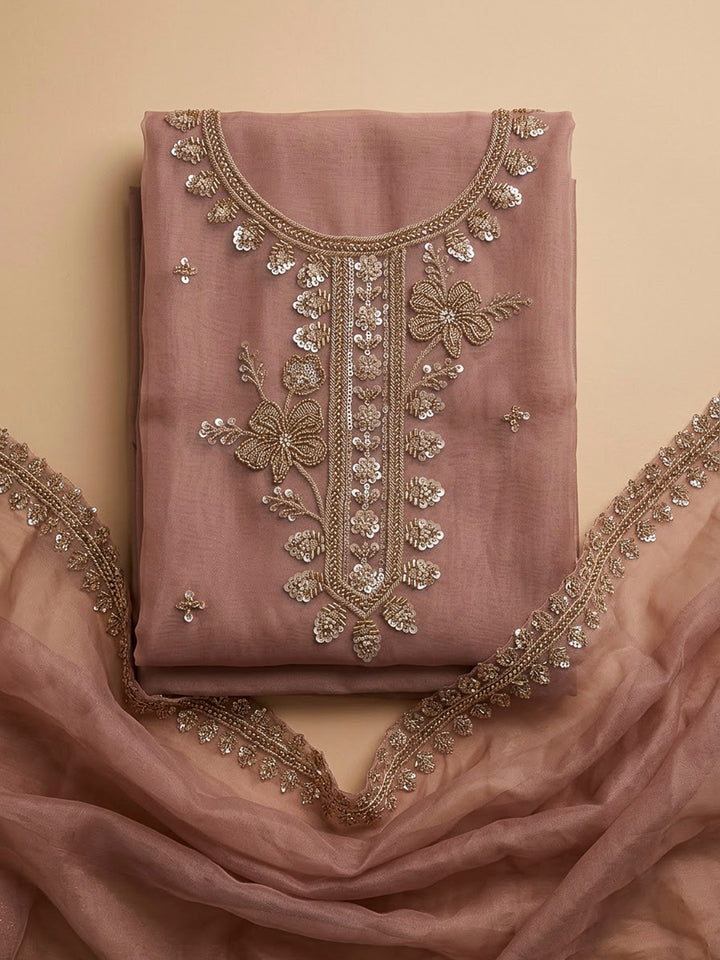 Peach Organza Embroidered Unstitched Dress Material