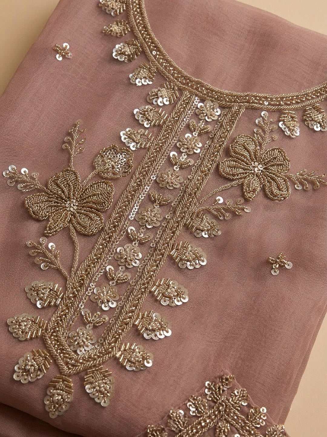 Peach Organza Embroidered Unstitched Dress Material