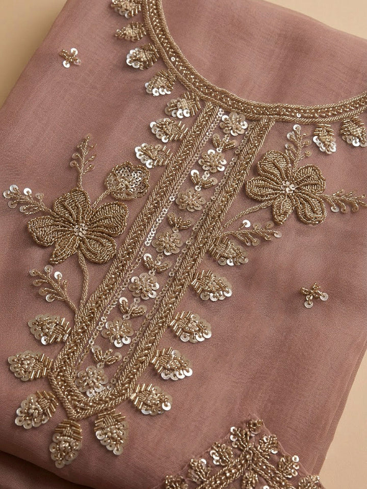 Peach Organza Embroidered Unstitched Dress Material
