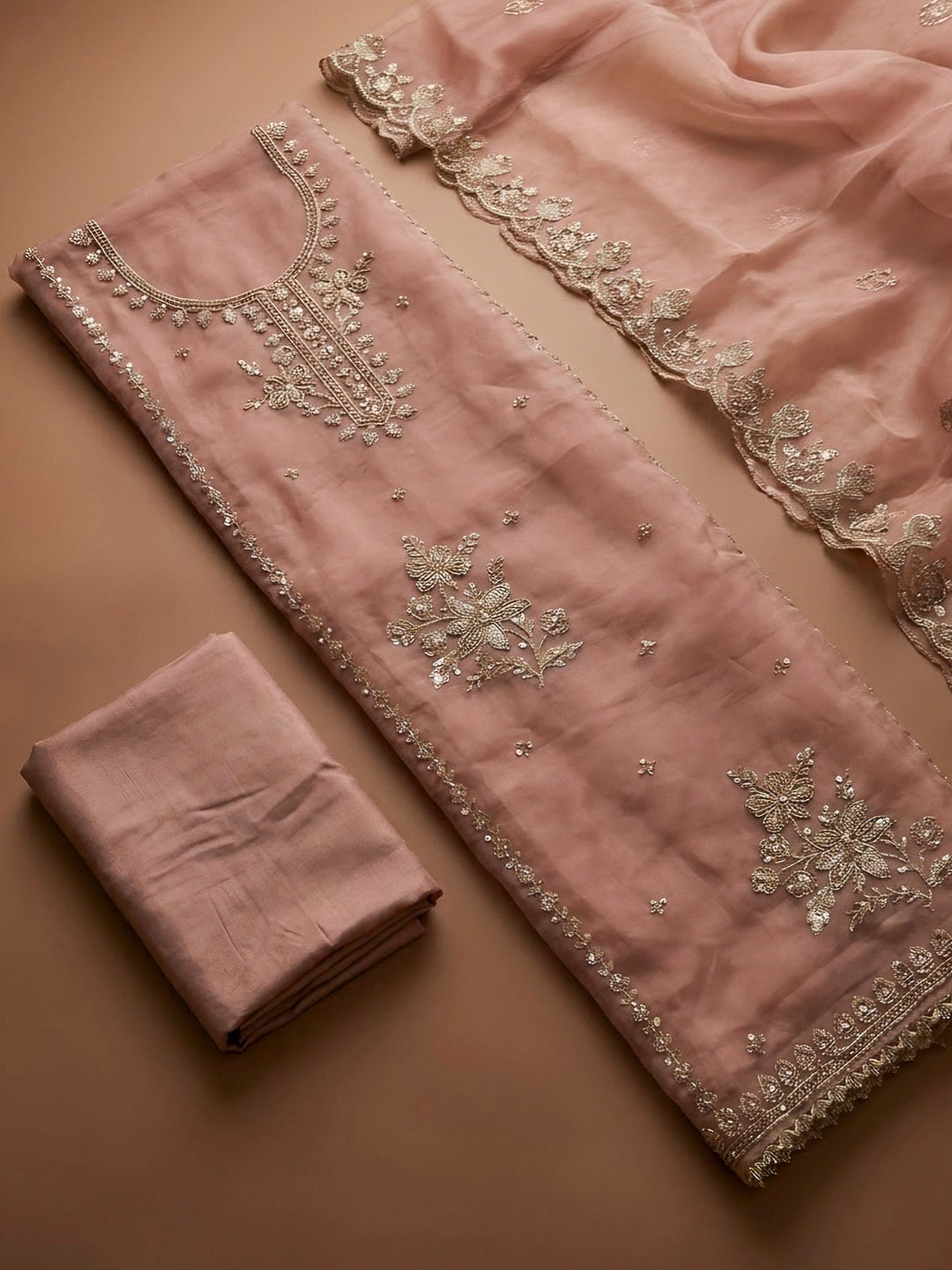 Peach Organza Embroidered Unstitched Dress Material