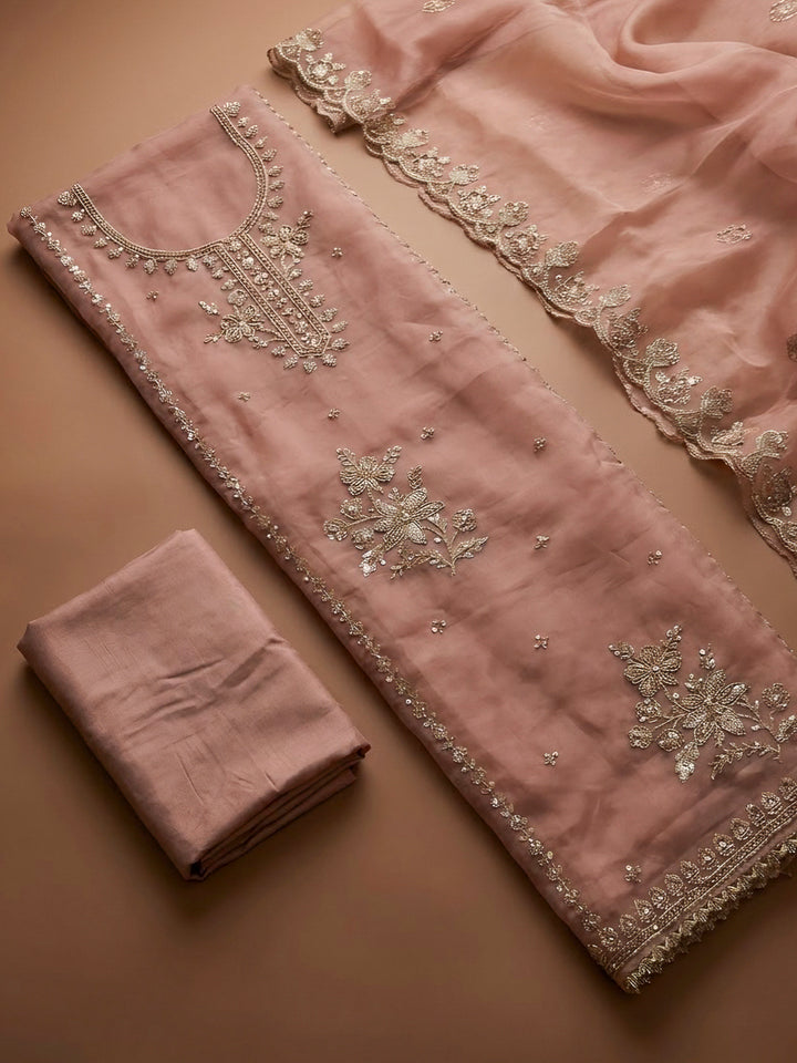 Peach Organza Embroidered Unstitched Dress Material