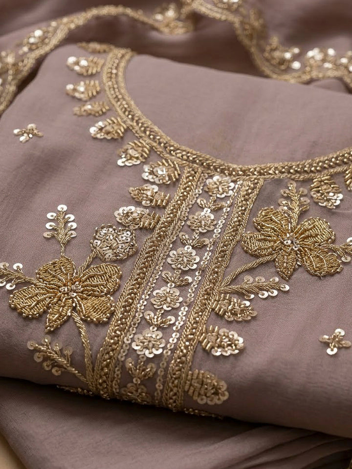 Pink Lavender Organza Embroidered Unstitched Dress Material