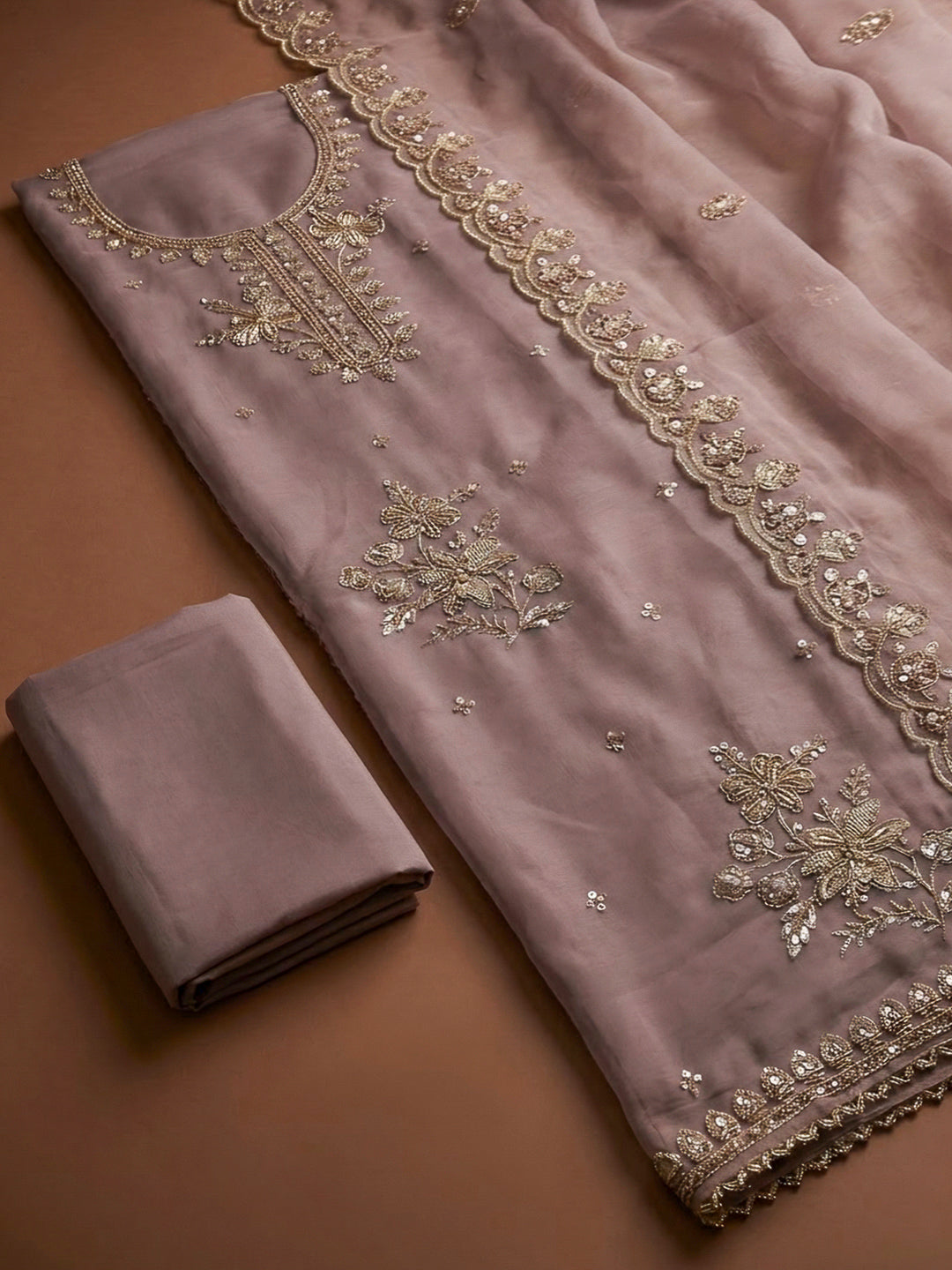 Pink Lavender Organza Embroidered Unstitched Dress Material