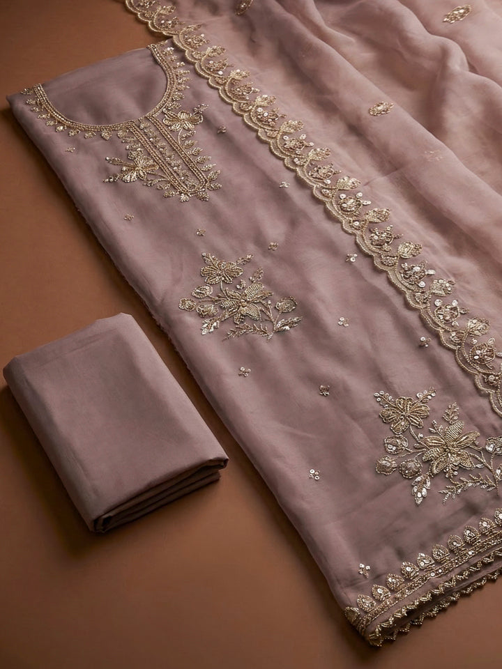 Pink Lavender Organza Embroidered Unstitched Dress Material