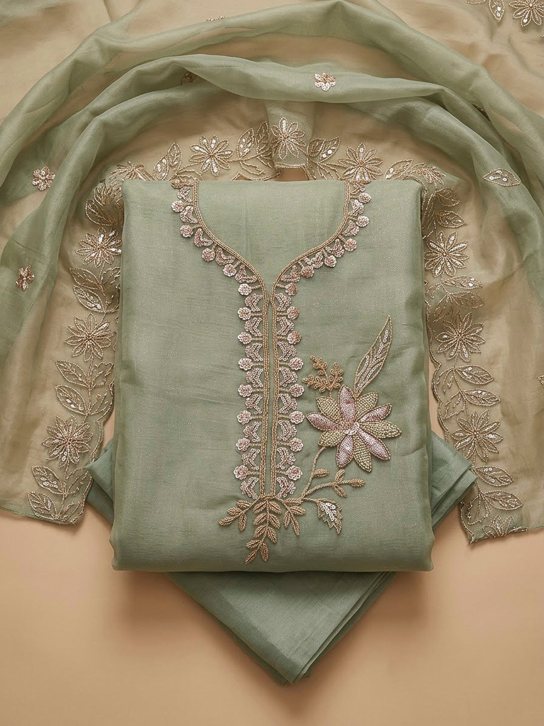 Aqua Organza Embroidered Unstitched Dress Material