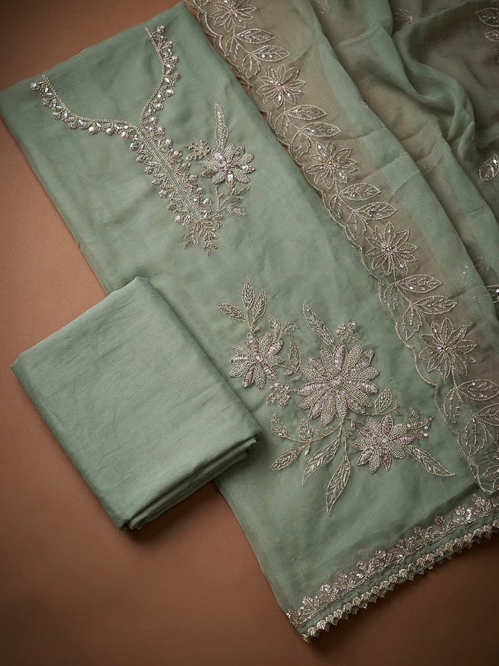 Aqua Organza Embroidered Unstitched Dress Material