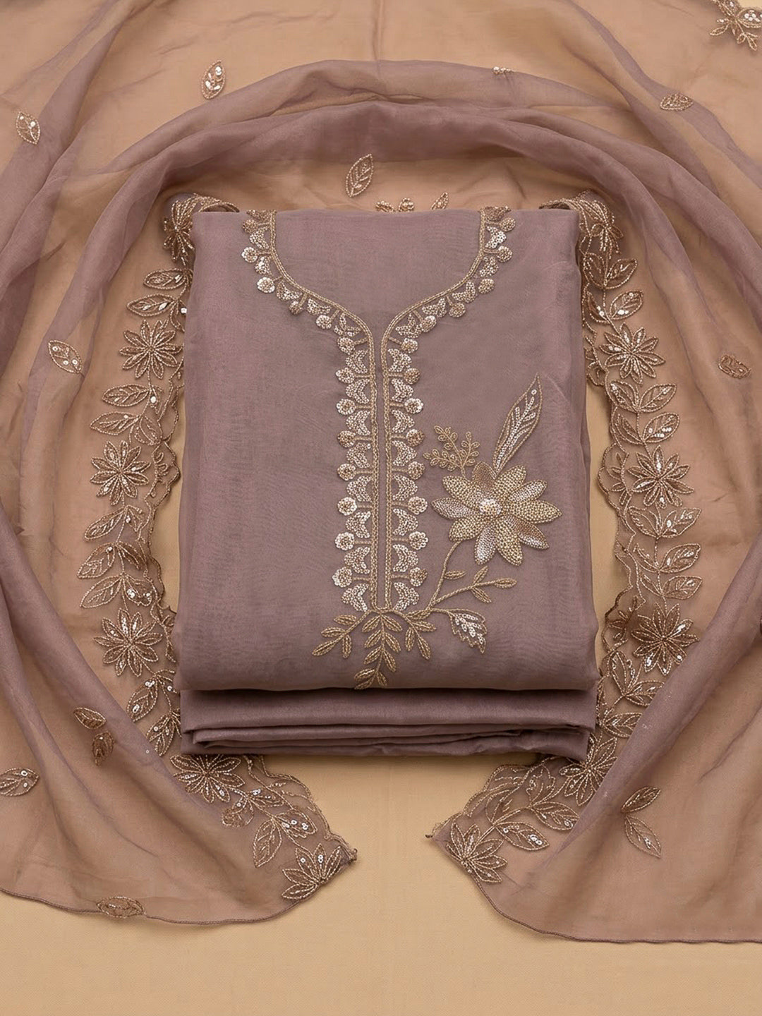 Lavender Organza Embroidered Unstitched Dress Material